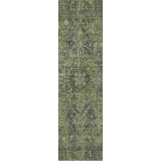 8' Runner Moss Green and Gray Oriental Washable Non Skid Indoor Outdoor Runner Rug Photo 4