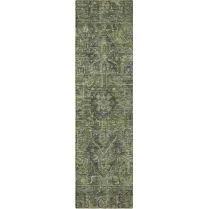 Photo of 8' Runner Moss Green and Gray Oriental Washable Non Skid Indoor Outdoor Runner Rug