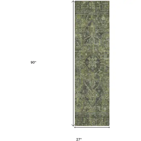 8' Runner Moss Green and Gray Oriental Washable Non Skid Indoor Outdoor Runner Rug Photo 3