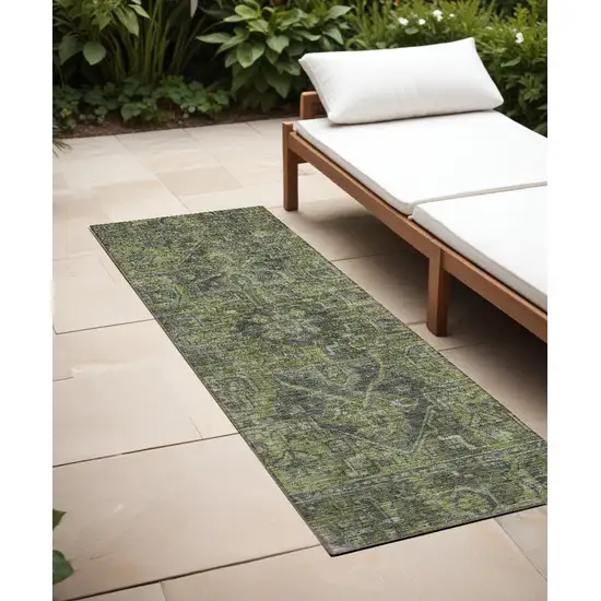 8' Runner Moss Green and Gray Oriental Washable Non Skid Indoor Outdoor Runner Rug Photo 1