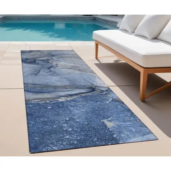 Navy Blue Abstract Washable Indoor Outdoor Runner Rug Photo 1