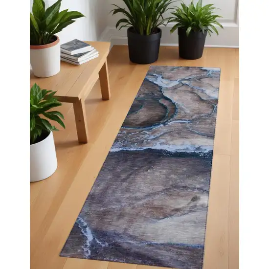 Navy Blue Abstract Washable Non Skid Indoor Outdoor Runner Rug Photo 1