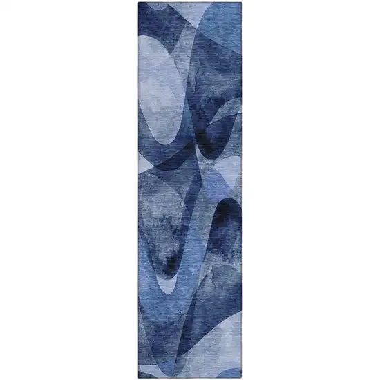 Navy Blue Abstract Washable Non Skid Indoor Outdoor Runner Rug Photo 2