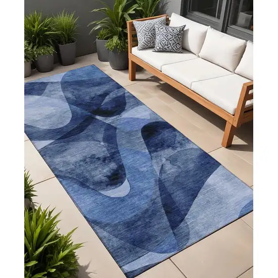 Navy Blue Abstract Washable Non Skid Indoor Outdoor Runner Rug Photo 1