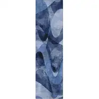 Photo of 8' Runner Navy Blue Abstract Washable Non Skid Indoor Outdoor Runner Rug