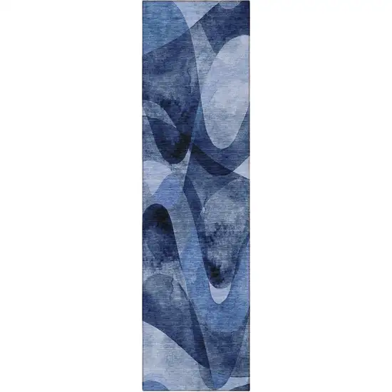 8' Runner Navy Blue Abstract Washable Non Skid Indoor Outdoor Runner Rug Photo 2