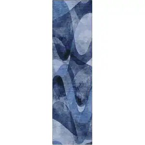 Photo of 8' Runner Navy Blue Abstract Washable Non Skid Indoor Outdoor Runner Rug