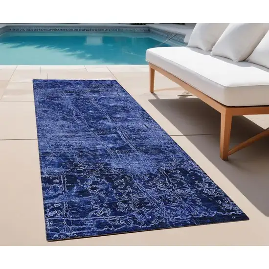 Navy Blue Abstract Washable Non Skid Indoor Outdoor Runner Rug Photo 1