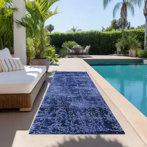 Photo of 8' Runner Navy Blue Abstract Washable Non Skid Indoor Outdoor Runner Rug