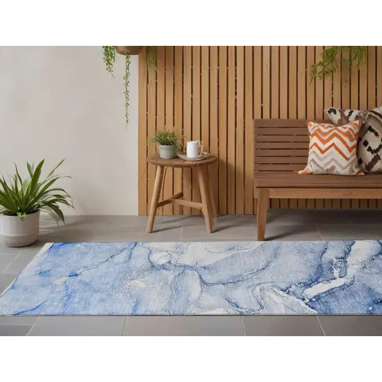 Navy Blue Abstract Washable Non Skid Indoor Outdoor Runner Rug Photo 1