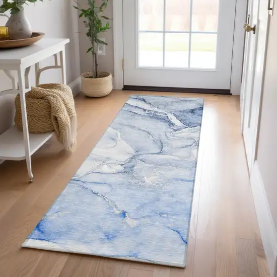 Navy Blue Abstract Washable Non Skid Indoor Outdoor Runner Rug Photo 9