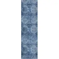 Photo of 8' Runner Navy Blue Floral Medallion Washable Non Skid Indoor Outdoor Runner Rug