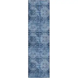 Photo of 8' Runner Navy Blue Floral Medallion Washable Non Skid Indoor Outdoor Runner Rug