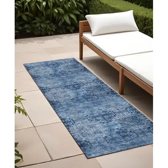 Navy Blue Floral Medallion Washable Non Skid Indoor Outdoor Runner Rug Photo 1