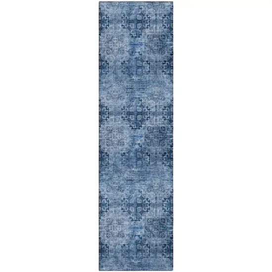 Navy Blue Floral Medallion Washable Non Skid Indoor Outdoor Runner Rug Photo 2