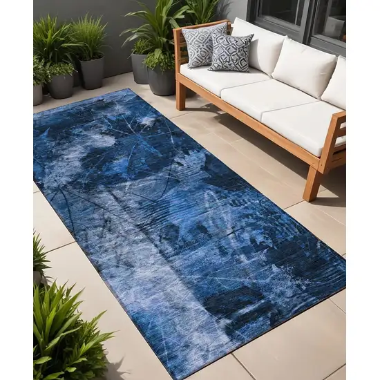 8' Runner Navy Blue Floral Washable Non Skid Indoor Outdoor Runner Rug Photo 1