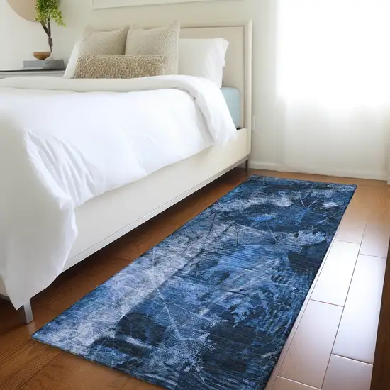 8' Runner Navy Blue Floral Washable Non Skid Indoor Outdoor Runner Rug Photo 9