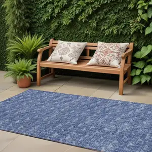 Photo of 8' Runner Navy Blue Geometric Washable Non Skid Indoor Outdoor Runner Rug