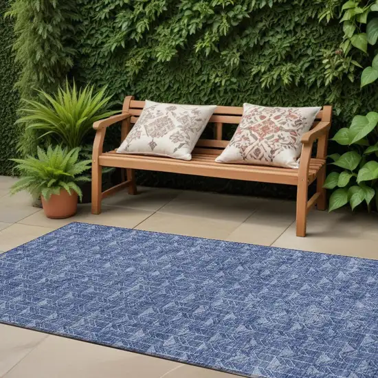 8' Runner Navy Blue Geometric Washable Non Skid Indoor Outdoor Runner Rug Photo 1