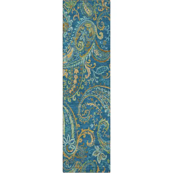 8' Runner Navy Blue Paisley Washable Non Skid Indoor Outdoor Runner Rug Photo 5