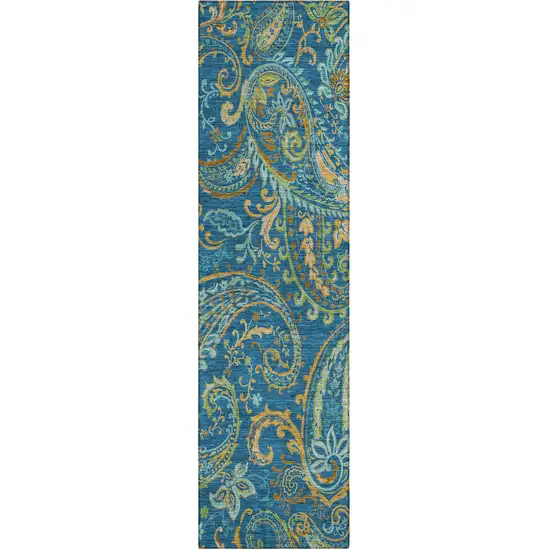 8' Runner Navy Blue Paisley Washable Non Skid Indoor Outdoor Runner Rug Photo 2