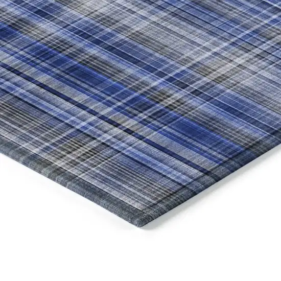 8' Runner Navy Blue Plaid Washable Non Skid Indoor Outdoor Runner Rug Photo 7