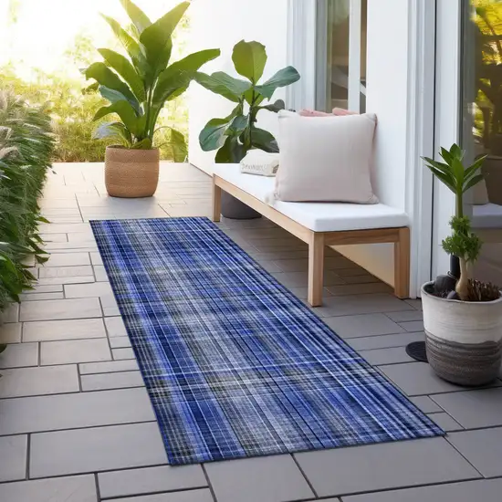 Navy Blue Plaid Washable Non Skid Indoor Outdoor Runner Rug Photo 8