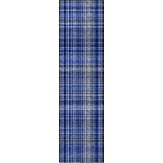 8' Runner Navy Blue Plaid Washable Non Skid Indoor Outdoor Runner Rug Photo 4