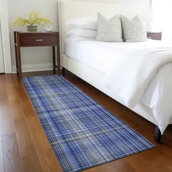 8' Runner Navy Blue Plaid Washable Non Skid Indoor Outdoor Runner Rug Photo 9