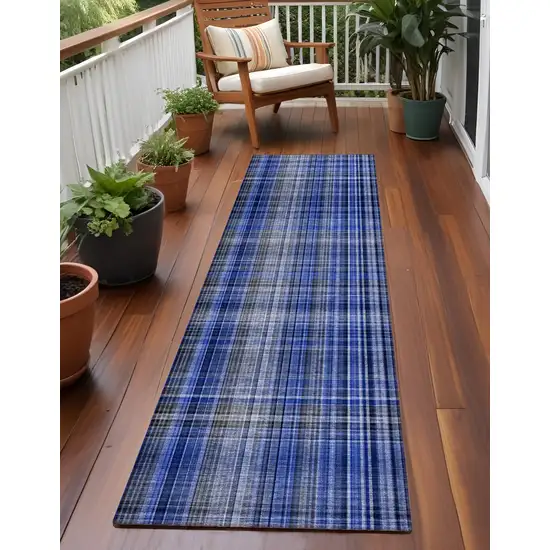 8' Runner Navy Blue Plaid Washable Non Skid Indoor Outdoor Runner Rug Photo 1