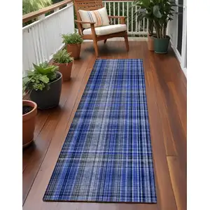 Photo of 8' Runner Navy Blue Plaid Washable Non Skid Indoor Outdoor Runner Rug