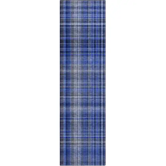 8' Runner Navy Blue Plaid Washable Non Skid Indoor Outdoor Runner Rug Photo 2