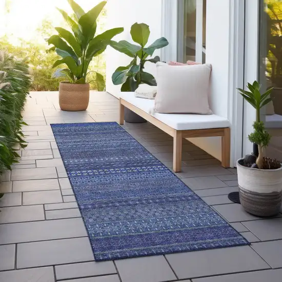 Navy Blue Striped Washable Indoor Outdoor Runner Rug Photo 8