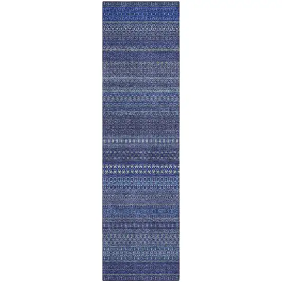 Navy Blue Striped Washable Indoor Outdoor Runner Rug Photo 2