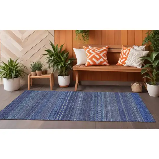 Navy Blue Striped Washable Indoor Outdoor Runner Rug Photo 1