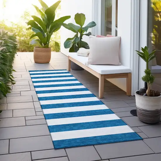 8' Runner Navy Blue Striped Washable Non Skid Indoor Outdoor Runner Rug Photo 8