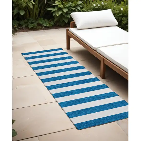 8' Runner Navy Blue Striped Washable Non Skid Indoor Outdoor Runner Rug Photo 1