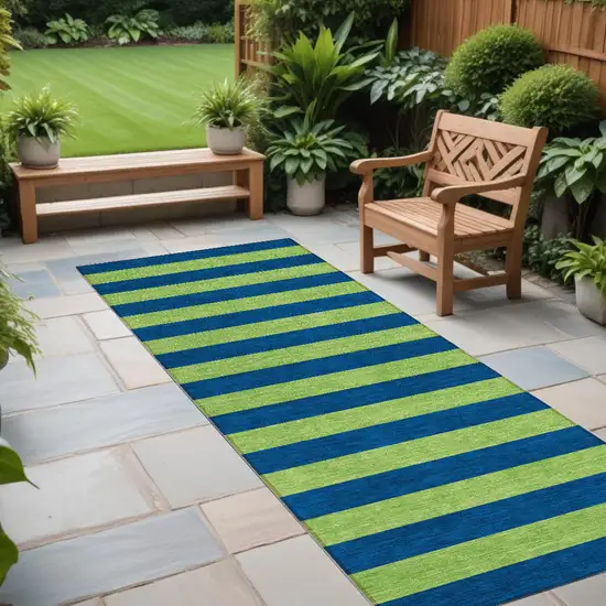 Navy Blue Striped Washable Non Skid Indoor Outdoor Runner Rug Photo 1