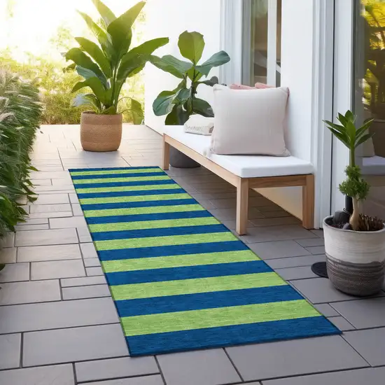 8' Runner Navy Blue Striped Washable Non Skid Indoor Outdoor Runner Rug Photo 9