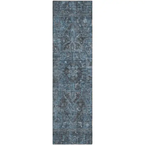 8' Runner Navy and Black Oriental Washable Non Skid Indoor Outdoor Runner Rug Photo 2