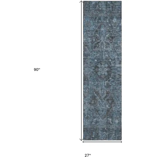 Navy and Black Oriental Washable Non Skid Indoor Outdoor Runner Rug Photo 3