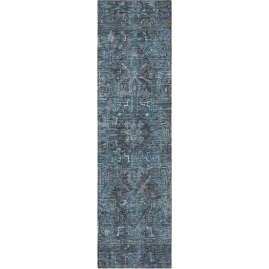 8' Runner Navy and Black Oriental Washable Non Skid Indoor Outdoor Runner Rug Photo 5