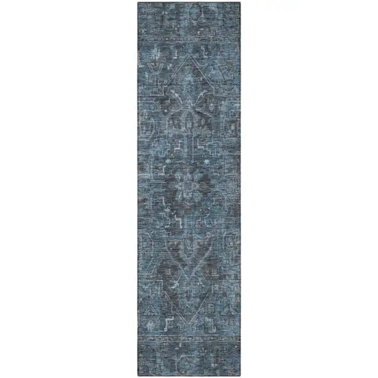 8' Runner Navy and Black Oriental Washable Non Skid Indoor Outdoor Runner Rug Photo 4