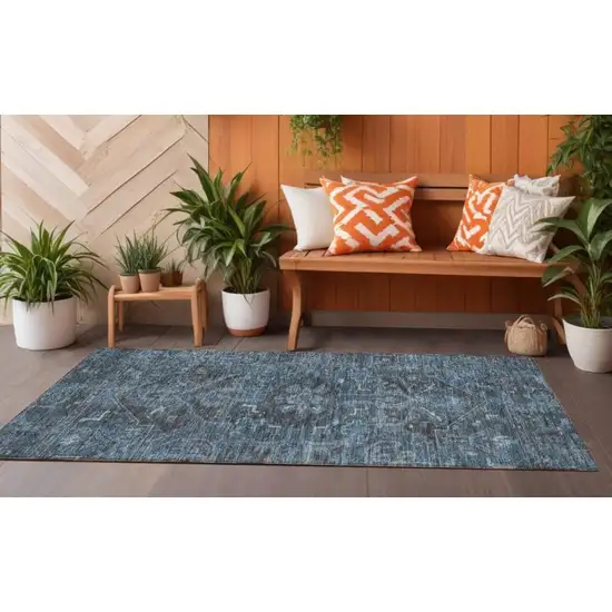 Navy and Black Oriental Washable Non Skid Indoor Outdoor Runner Rug Photo 1