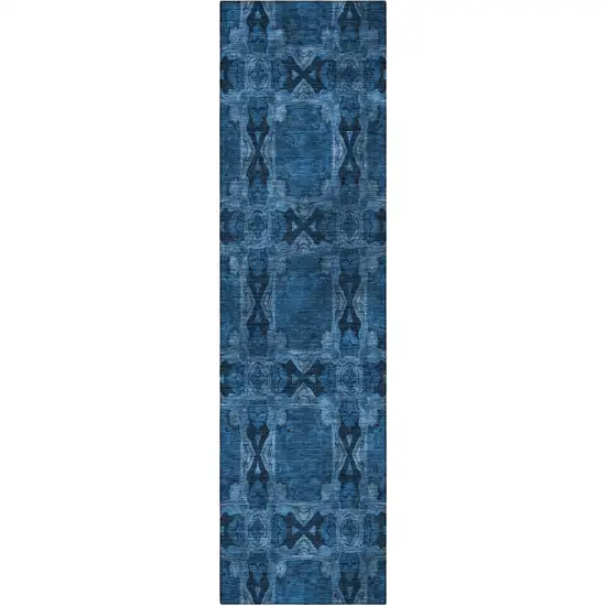 8' Runner Navy and Gray Floral Medallion Washable Non Skid Indoor Outdoor Runner Rug Photo 4