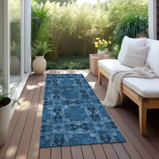 8' Runner Navy and Gray Floral Medallion Washable Non Skid Indoor Outdoor Runner Rug Photo 8