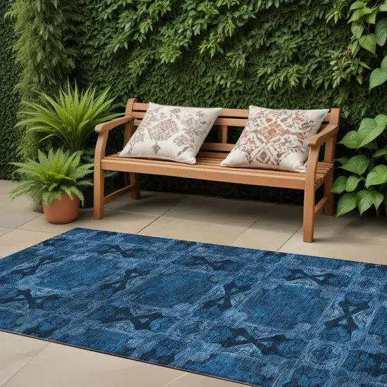 8' Runner Navy and Gray Floral Medallion Washable Non Skid Indoor Outdoor Runner Rug Photo 1