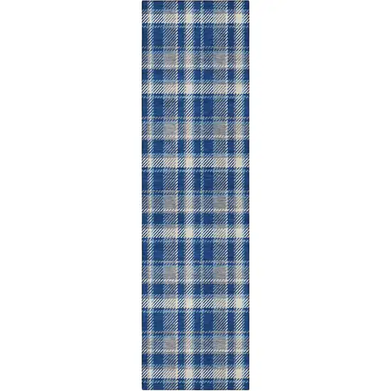 8' Runner Navy and Ivory Plaid Washable Non Skid Indoor Outdoor Runner Rug Photo 5