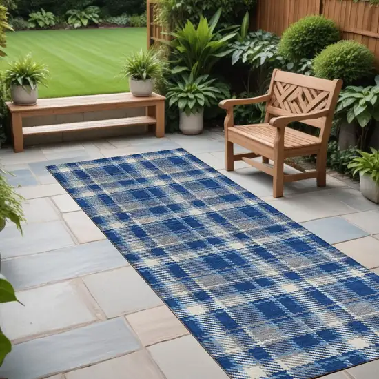 Navy and Ivory Plaid Washable Non Skid Indoor Outdoor Runner Rug Photo 1