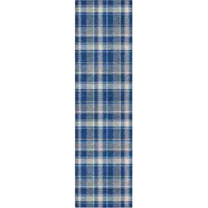 Photo of 8' Runner Navy and Ivory Plaid Washable Non Skid Indoor Outdoor Runner Rug